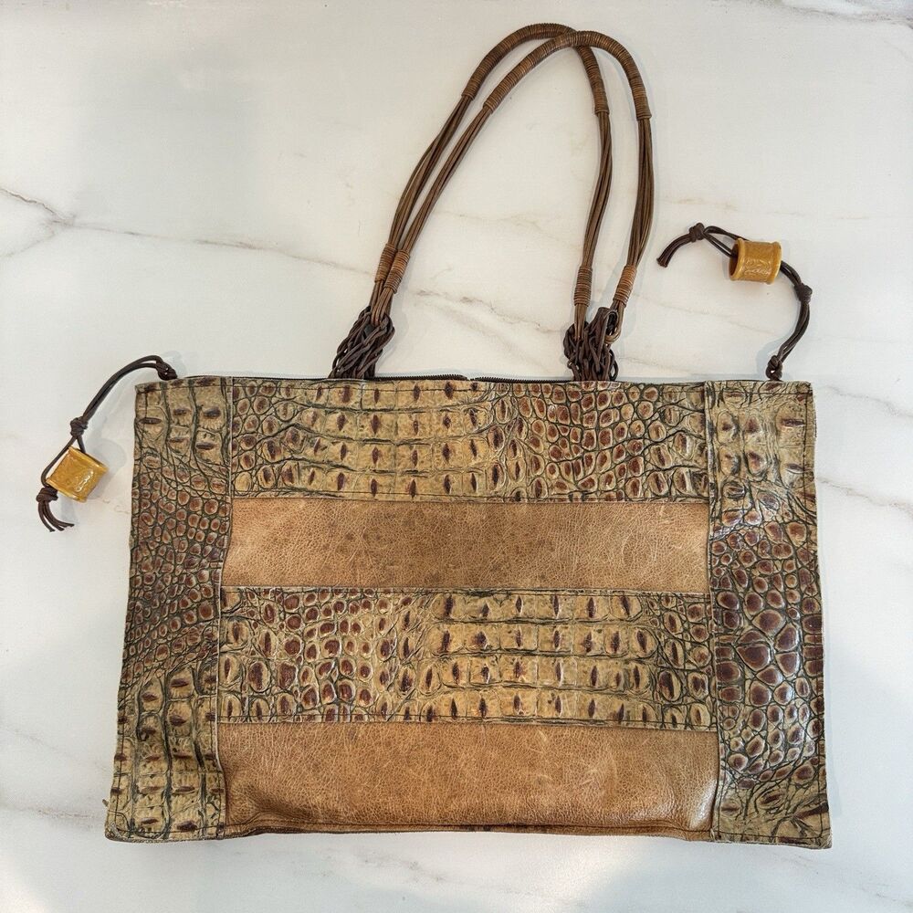Vintage Susan Riedweg Leather Tote Croc Embossed Patchwork Bag Handmade USA VTG‎